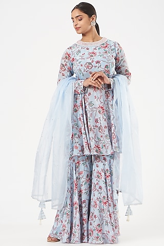 Powder Blue Printed Sharara Set by Chhavvi Aggarwal