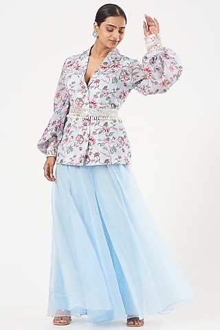 Powder Blue Printed Jacket Set by Chhavvi Aggarwal
