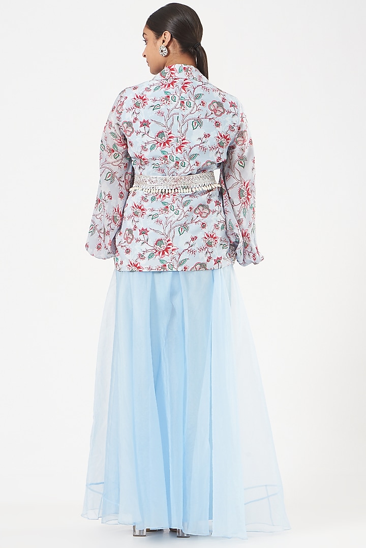 Powder Blue Printed Jacket Set by Chhavvi Aggarwal at Pernia's Pop Up Shop