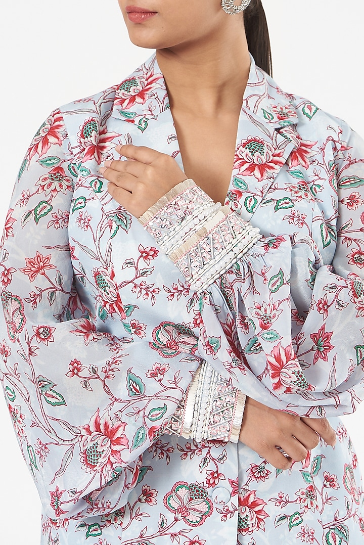 Powder Blue Printed Jacket Set by Chhavvi Aggarwal at Pernia's Pop Up Shop