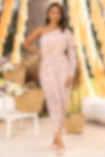 Nude Pink Crepe One-Shoulder Draped Printed Vacation Dress by Chhavvi Aggarwal at Pernia's Pop Up Shop