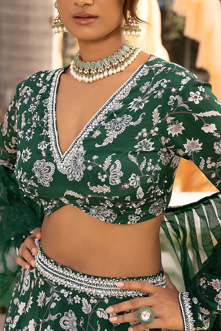 Bottle Green Crepe Printed Wedding Lehenga Set by Chhavvi Aggarwal at Pernia's Pop Up Shop