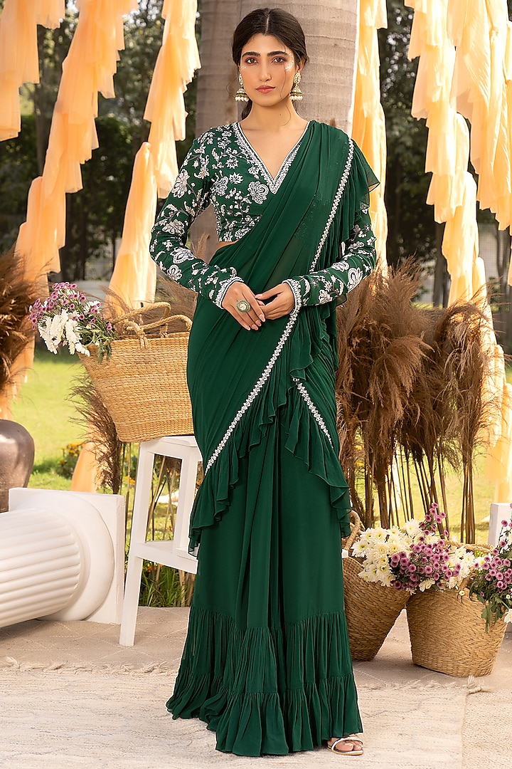 Green Georgette & Crepe Frilled Saree Set by Chhavvi Aggarwal