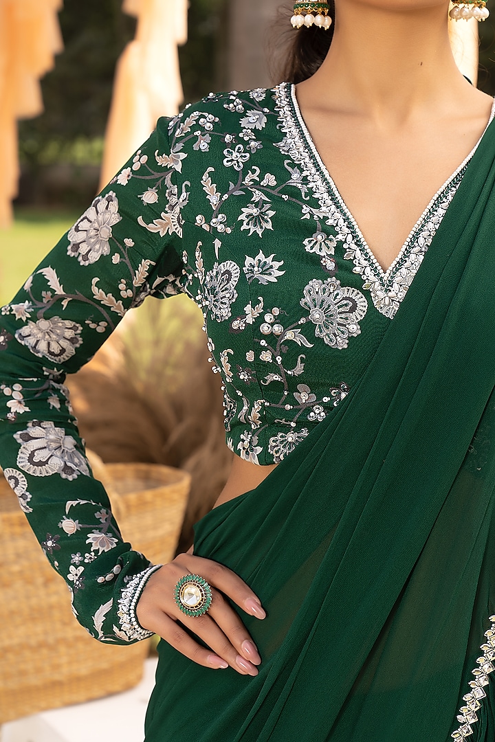 Green Georgette & Crepe Frilled Wedding Saree Set by Chhavvi Aggarwal at Pernia's Pop Up Shop