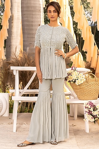 Grey Georgette Sharara Set by Chhavvi Aggarwal