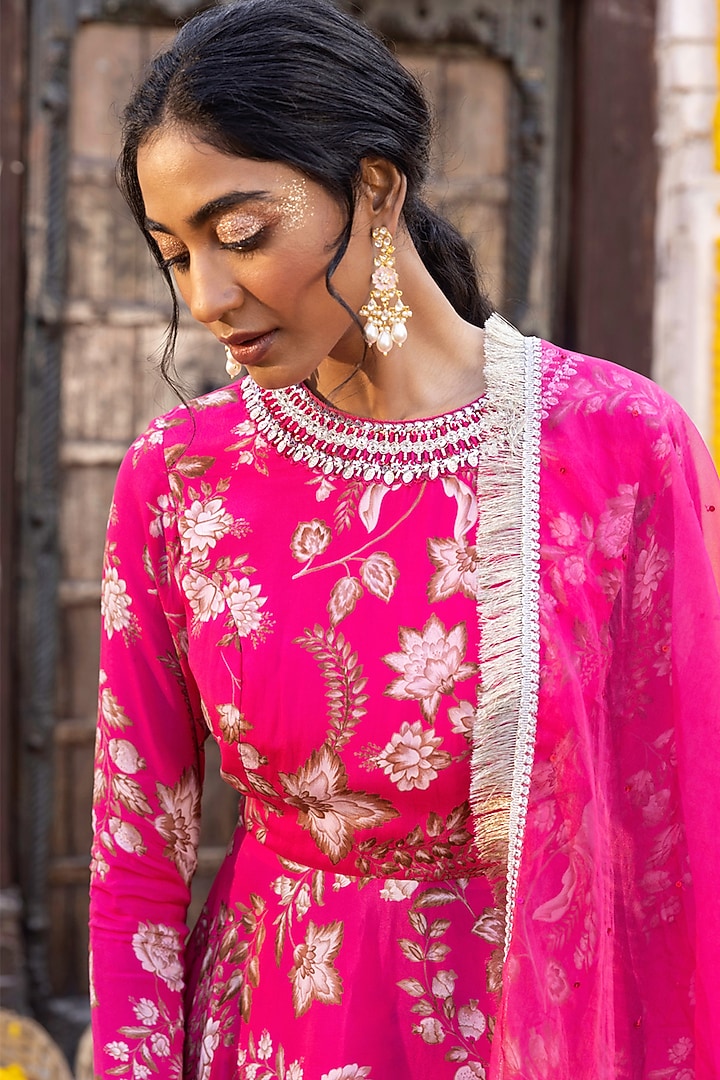 Hot Pink Printed Party Wear Sharara Set by Chhavvi Aggarwal at Pernia's Pop Up Shop