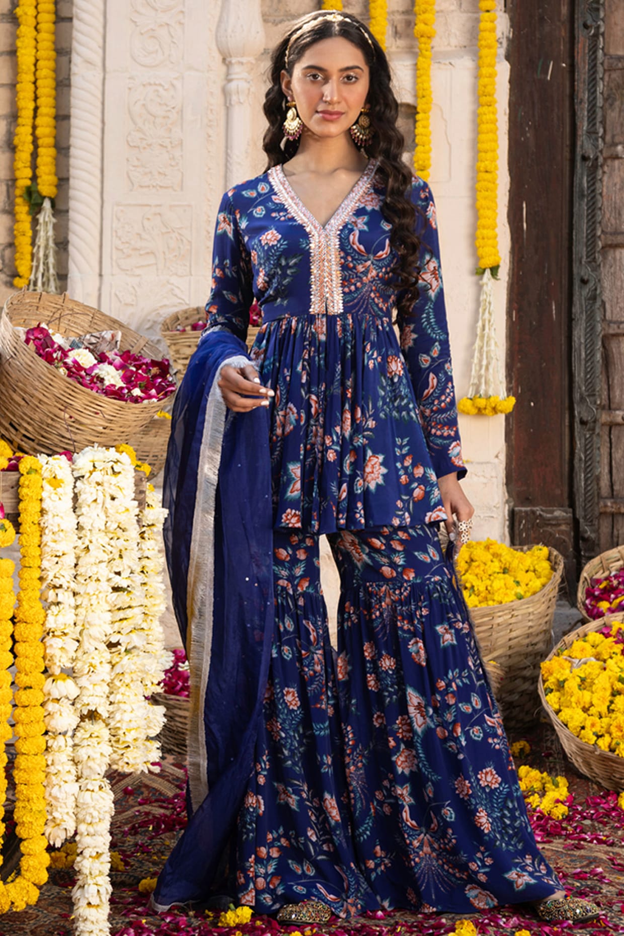 Royal Blue Printed Kaftan Dress Design by Chhavvi Aggarwal at