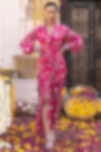 Hot Pink Printed Draped Dress by Chhavvi Aggarwal