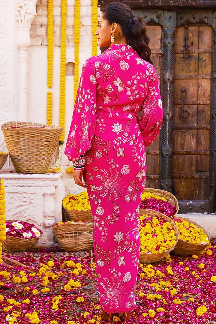 Hot Pink Printed Draped Vacation Dress by Chhavvi Aggarwal at Pernia's Pop Up Shop