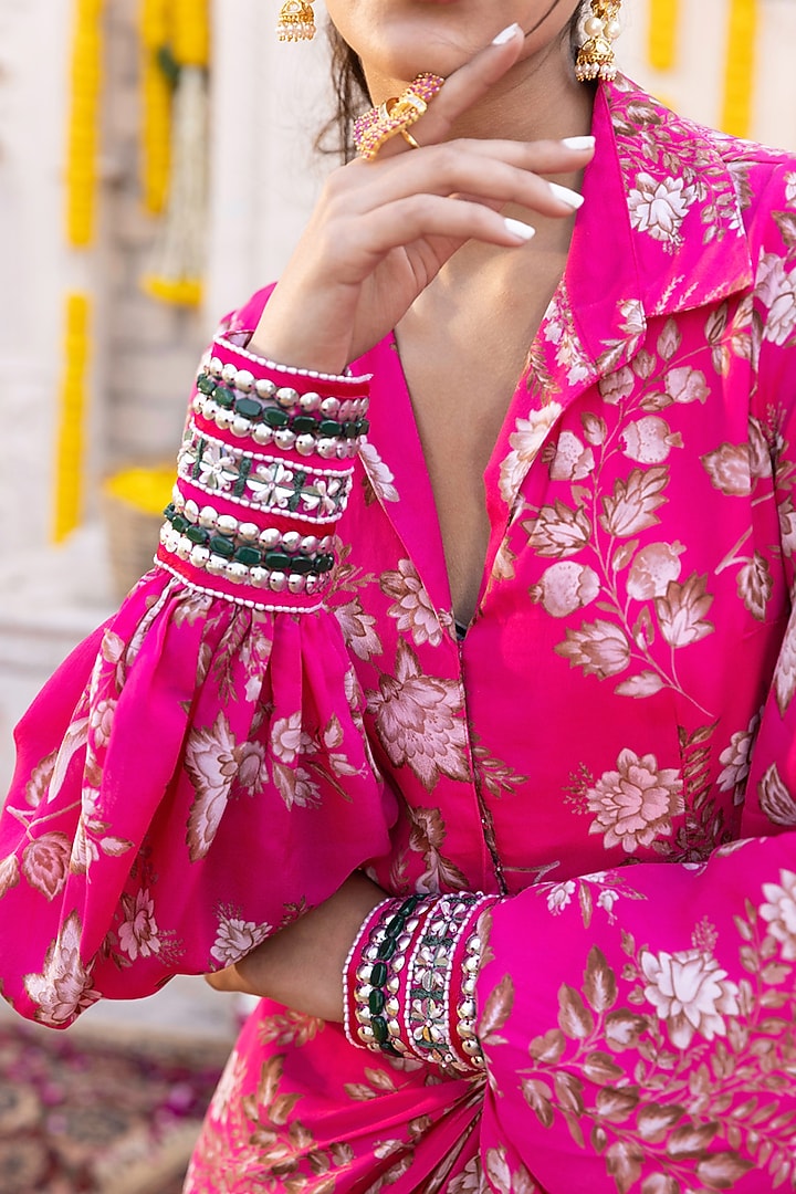 Hot Pink Printed Draped Vacation Dress by Chhavvi Aggarwal at Pernia's Pop Up Shop