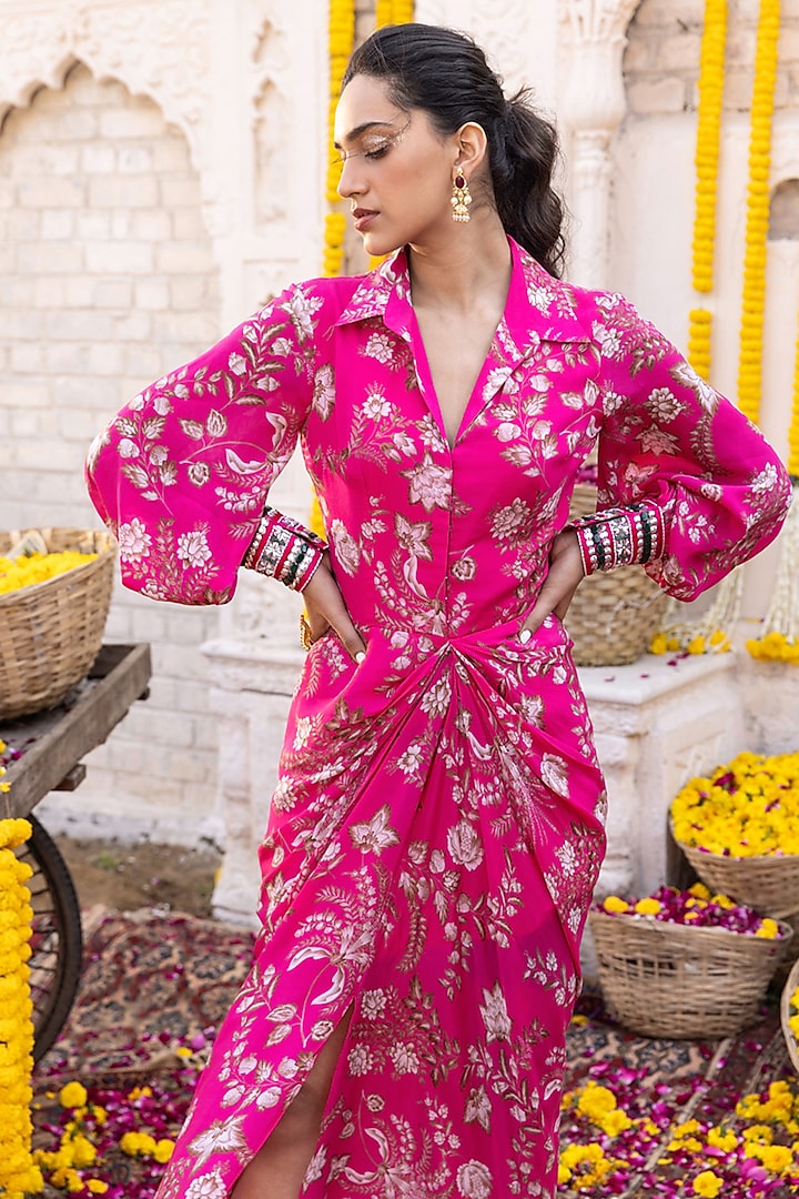 Hot Pink Printed Draped Vacation Dress by Chhavvi Aggarwal at Pernia's Pop Up Shop
