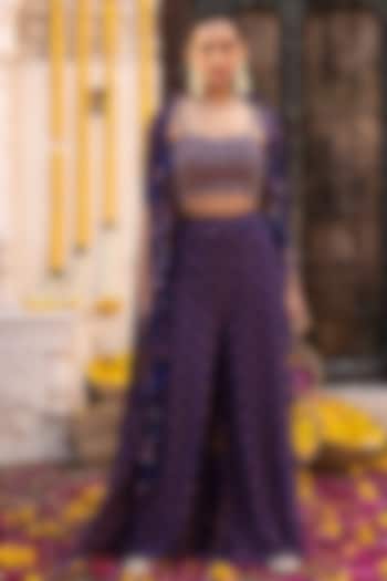 Royal Blue Embroidered Cape Set by Chhavvi Aggarwal at Pernia's Pop Up Shop