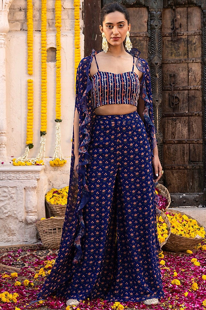 Royal Blue Embroidered Cape Set by Chhavvi Aggarwal at Pernia's Pop Up Shop