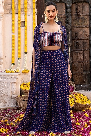Royal Blue Embroidered Cape Set by Chhavvi Aggarwal