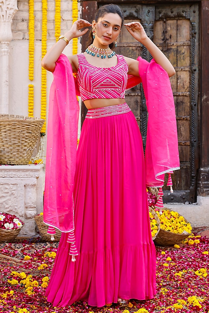 Hot Pink Georgette Wedding Lehenga Set by Chhavvi Aggarwal at Pernia's Pop Up Shop
