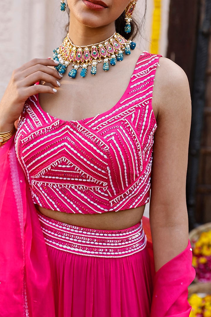Hot Pink Georgette Wedding Lehenga Set by Chhavvi Aggarwal at Pernia's Pop Up Shop