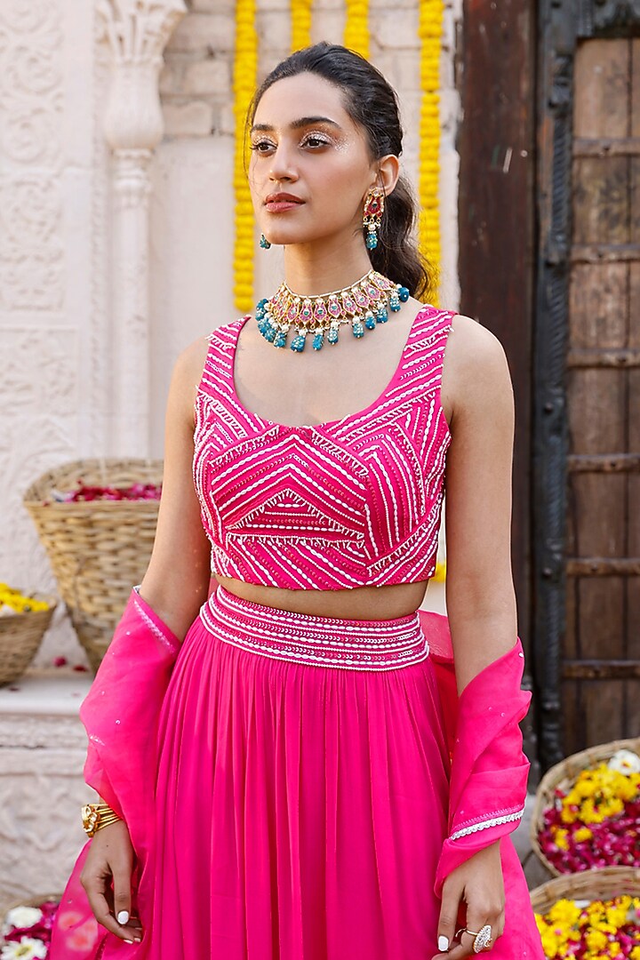 Hot Pink Georgette Wedding Lehenga Set by Chhavvi Aggarwal at Pernia's Pop Up Shop