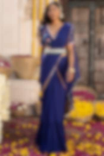 Royal Blue Pre-Draped Saree Set by Chhavvi Aggarwal at Pernia's Pop Up Shop