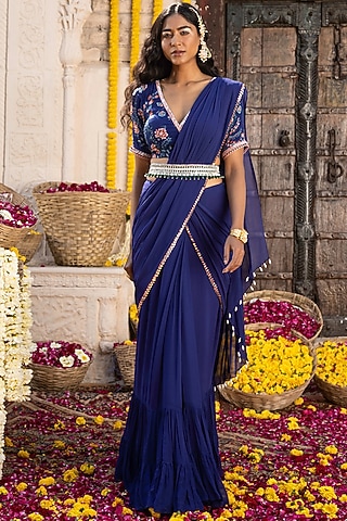 Royal Blue Pre-Draped Saree Set by Chhavvi Aggarwal