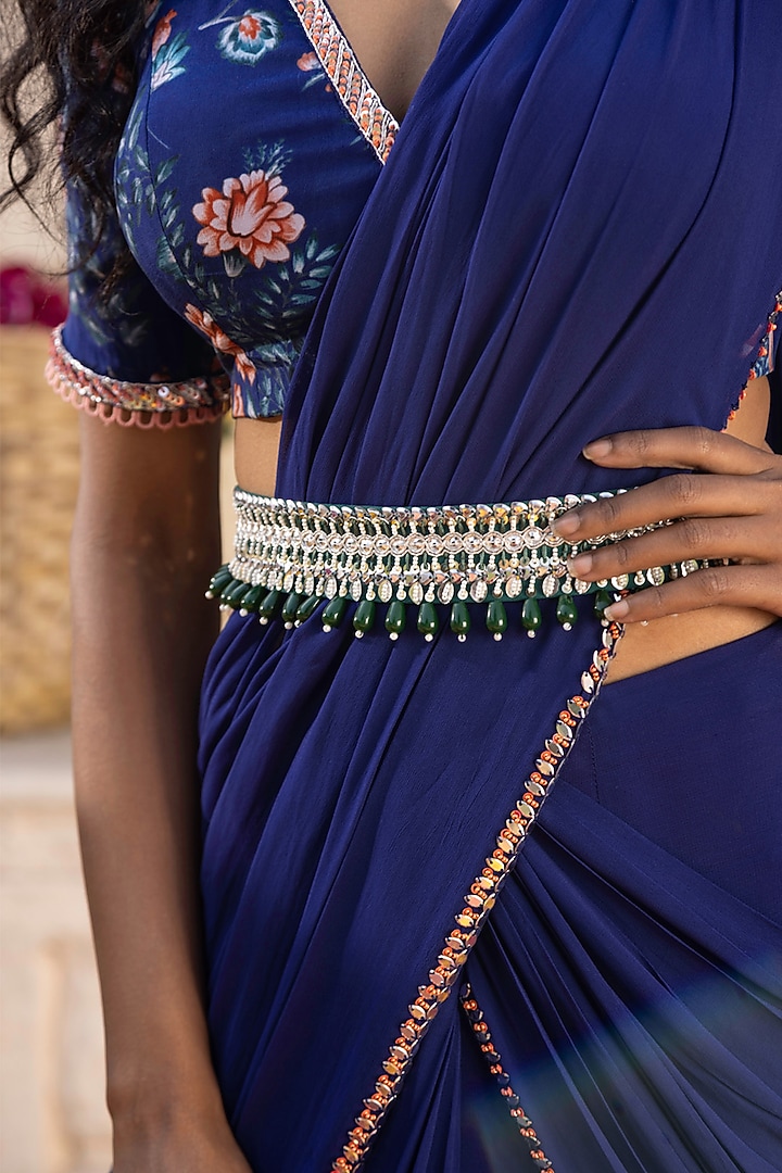 Royal Blue Pre-Draped Wedding Saree Set by Chhavvi Aggarwal at Pernia's Pop Up Shop
