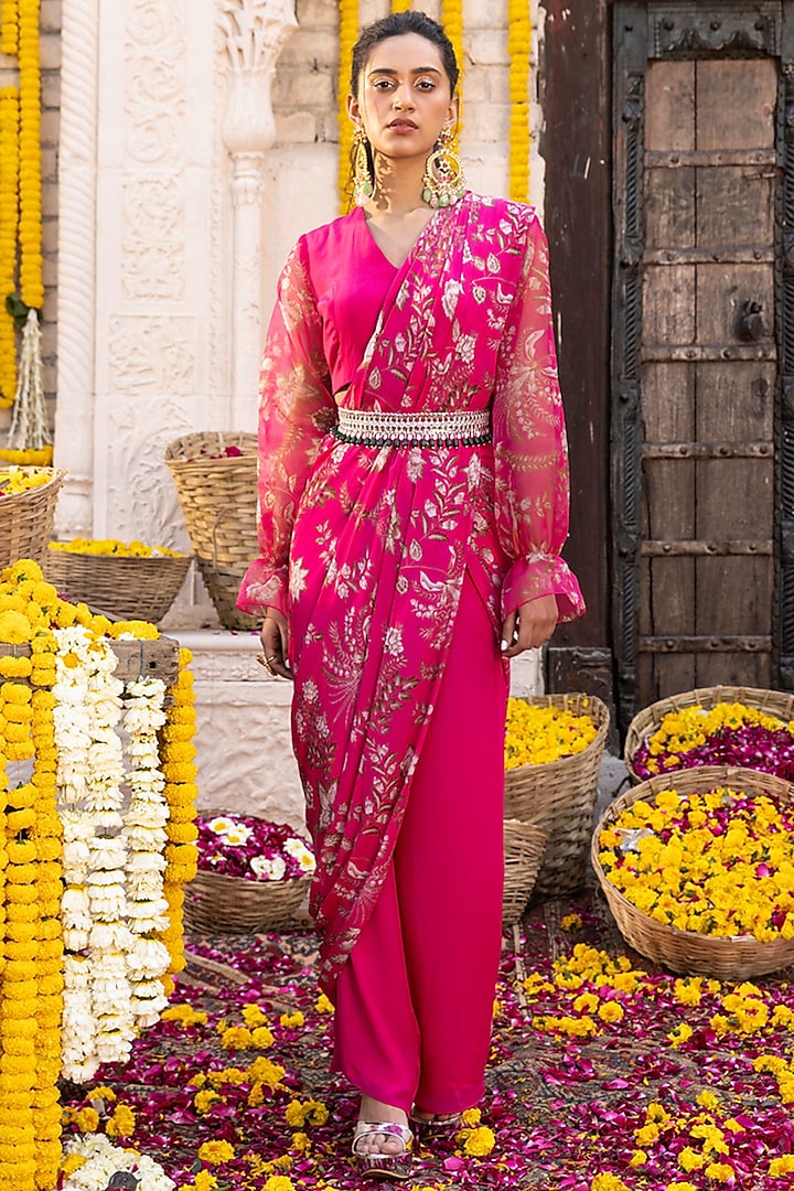 Hot Pink Pant Set With Drape by Chhavvi Aggarwal