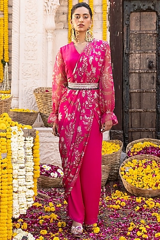 Hot Pink Organza Printed Pant Saree Set by Chhavvi Aggarwal