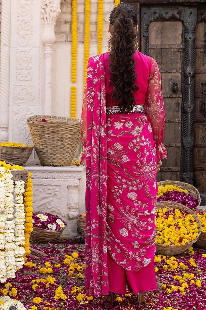 Hot Pink Organza Printed Pant Party Wear Saree Set by Chhavvi Aggarwal at Pernia's Pop Up Shop