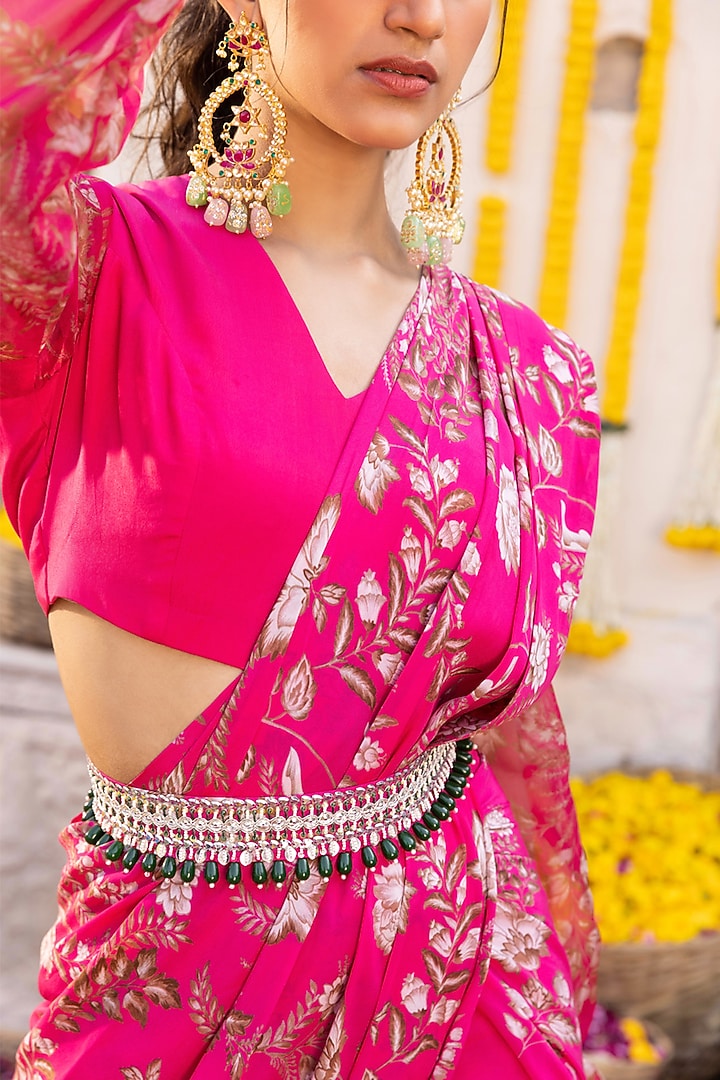 Hot Pink Organza Printed Pant Party Wear Saree Set by Chhavvi Aggarwal at Pernia's Pop Up Shop