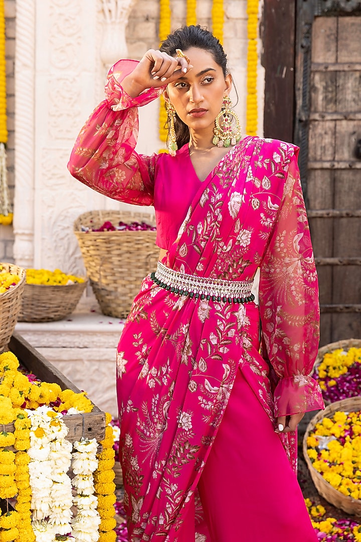 Hot Pink Organza Printed Pant Party Wear Saree Set by Chhavvi Aggarwal at Pernia's Pop Up Shop