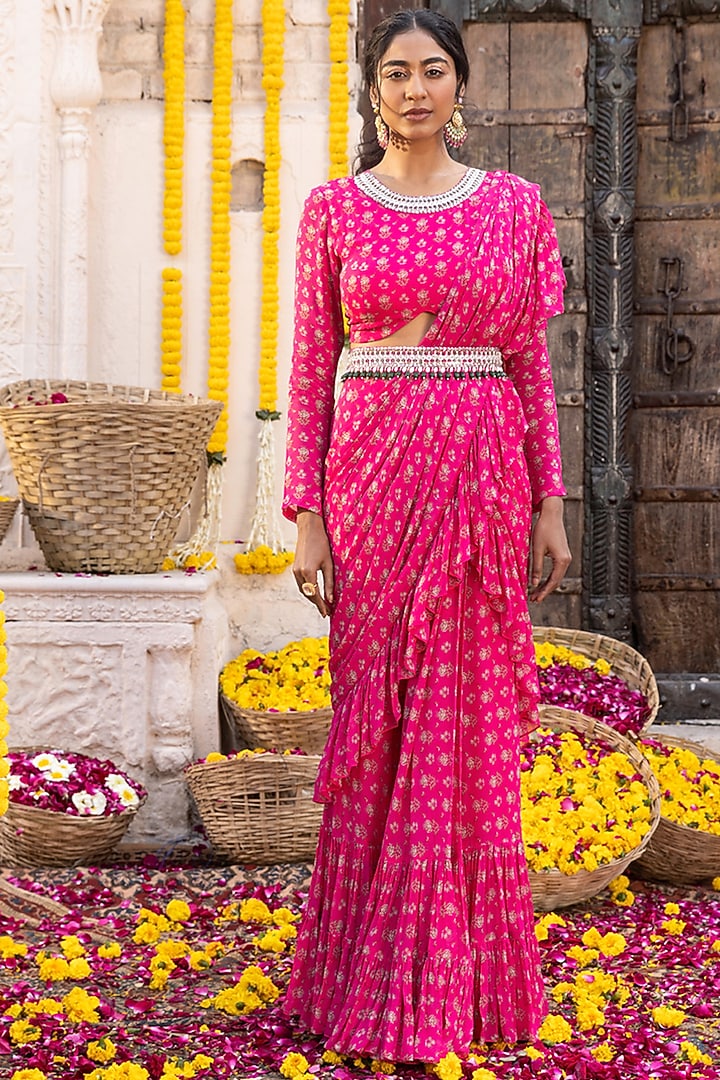 Hot Pink Georgette Printed Frilled Wedding Saree Set by Chhavvi Aggarwal at Pernia's Pop Up Shop
