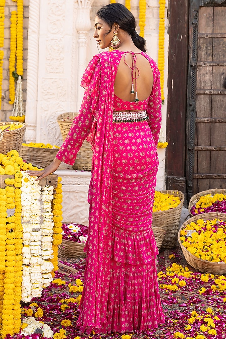 Hot Pink Georgette Printed Frilled Wedding Saree Set by Chhavvi Aggarwal at Pernia's Pop Up Shop