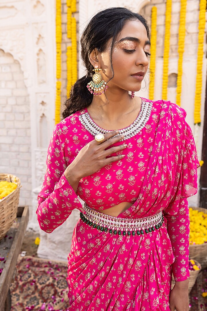 Hot Pink Georgette Printed Frilled Wedding Saree Set by Chhavvi Aggarwal at Pernia's Pop Up Shop