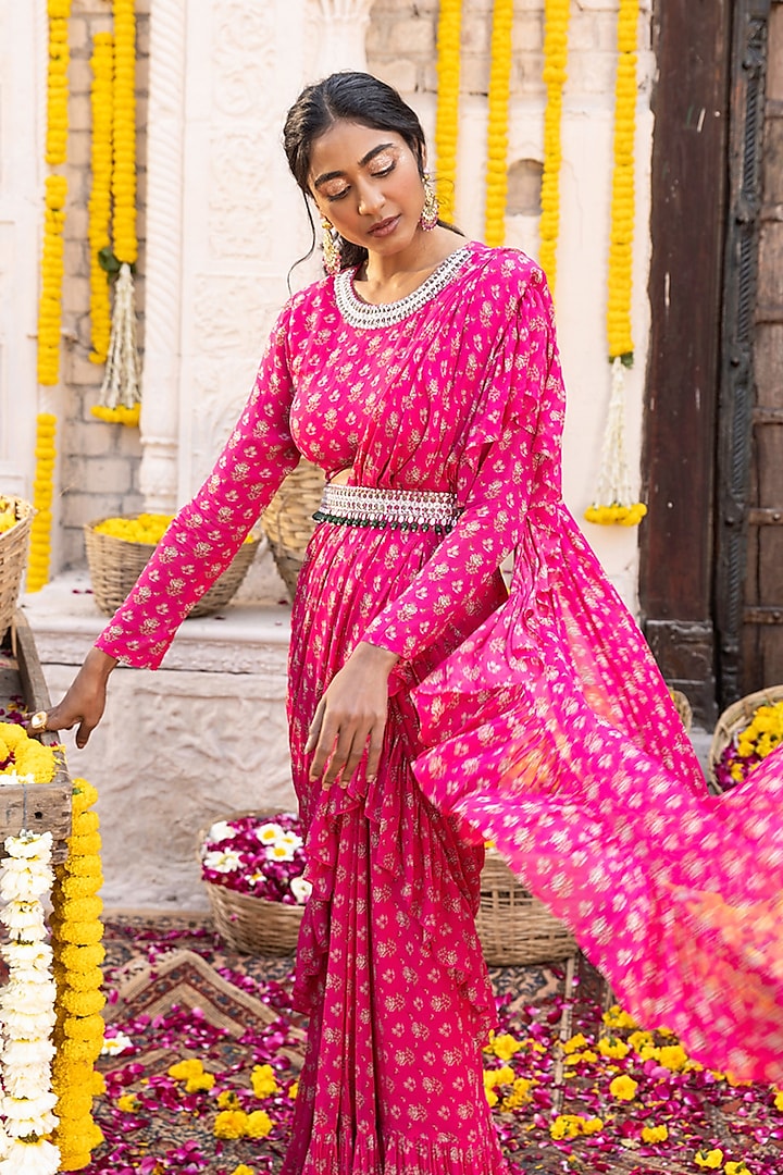 Hot Pink Georgette Printed Frilled Wedding Saree Set by Chhavvi Aggarwal at Pernia's Pop Up Shop