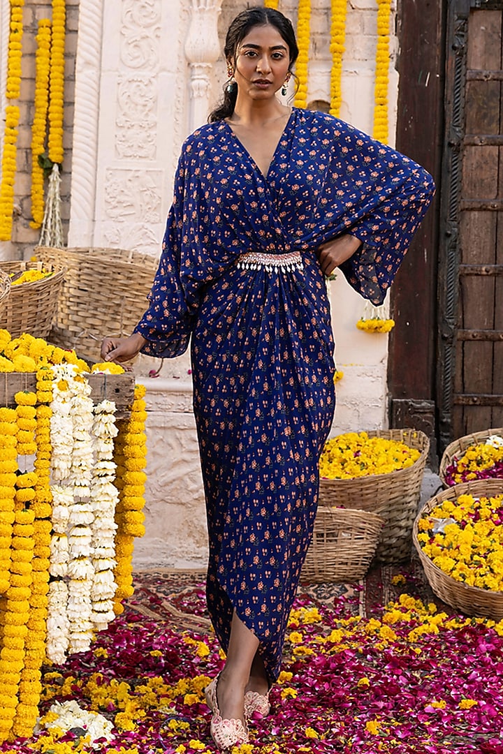 Royal Blue Printed Kaftan Dress by Chhavvi Aggarwal