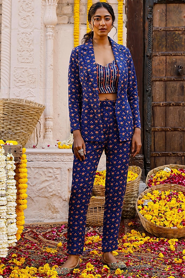 Royal Blue Printed Suit Set by Chhavvi Aggarwal