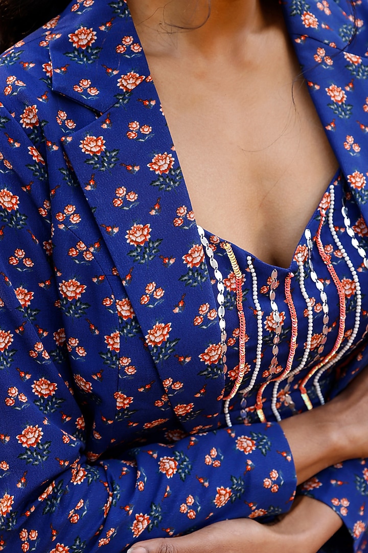 Royal Blue Printed Suit Set by Chhavvi Aggarwal at Pernia's Pop Up Shop