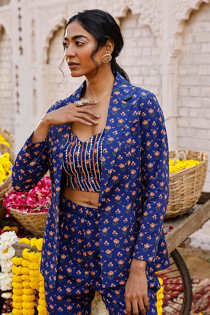 Royal Blue Printed Suit Set by Chhavvi Aggarwal at Pernia's Pop Up Shop