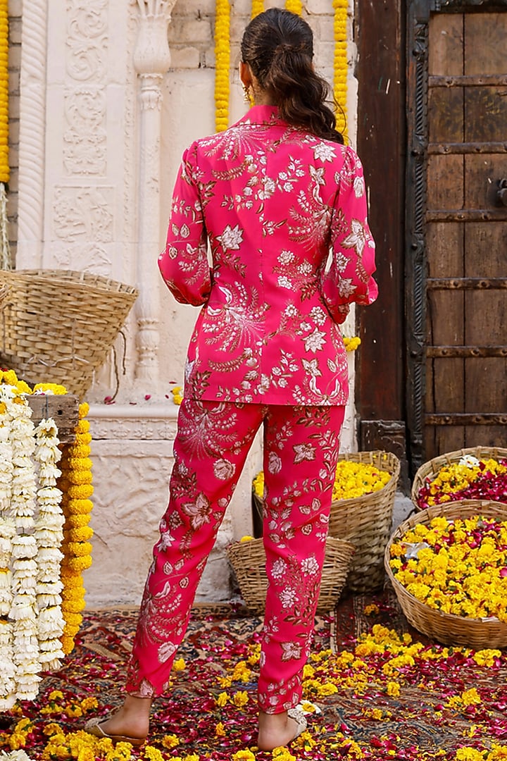 Hot Pink Printed Suit Set by Chhavvi Aggarwal at Pernia's Pop Up Shop