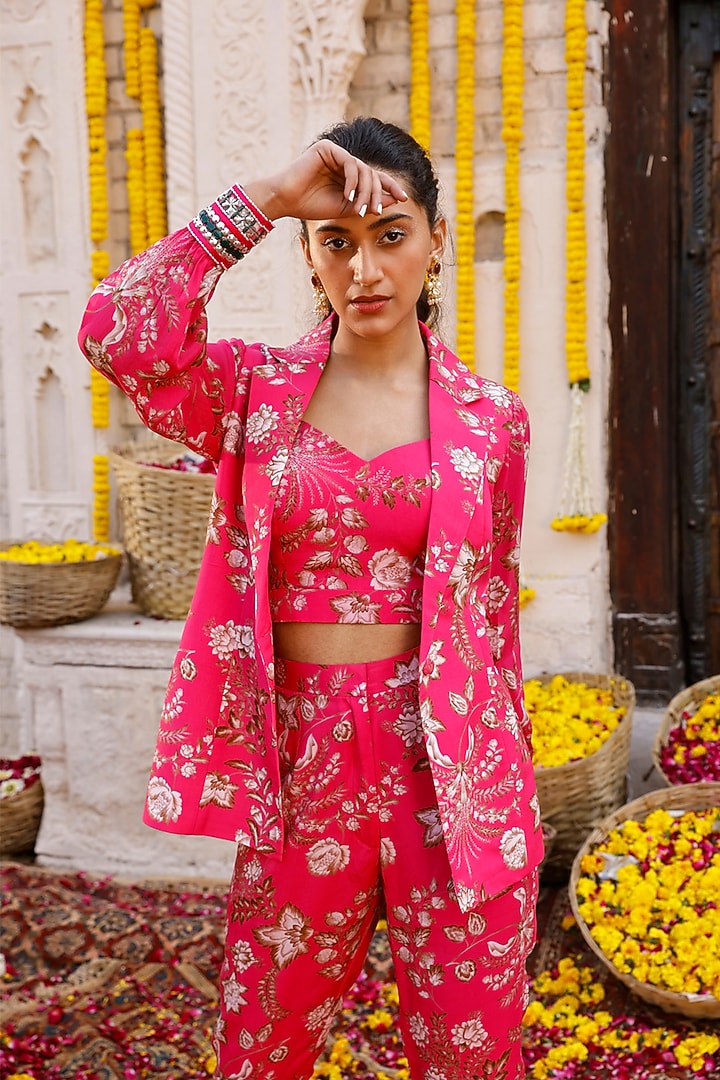 Hot Pink Printed Suit Set by Chhavvi Aggarwal at Pernia's Pop Up Shop