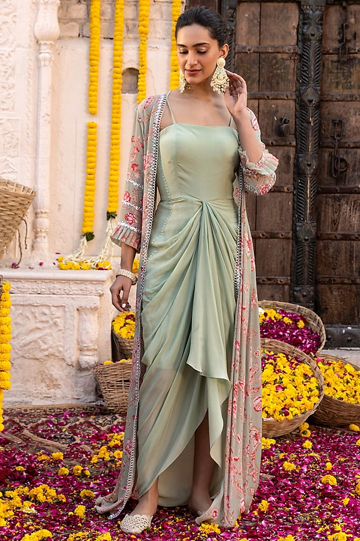 Sage Green Crepe Jacket Dress by Chhavvi Aggarwal