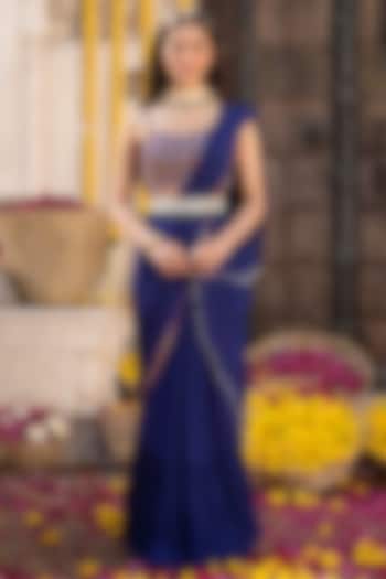 Royal Blue Georgette Pre-Draped Saree Set by Chhavvi Aggarwal