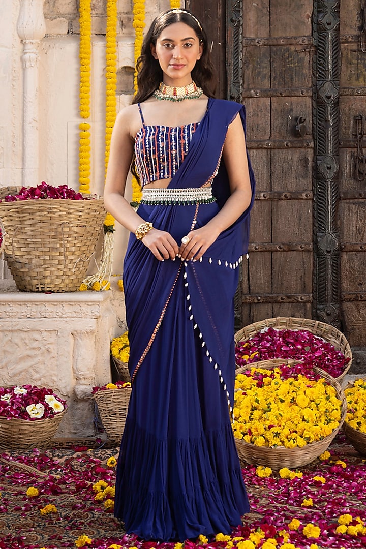 Royal Blue Georgette Pre-Draped Saree Set by Chhavvi Aggarwal