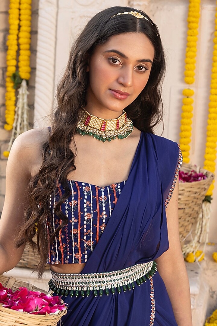 Royal Blue Georgette Pre-Draped Wedding Saree Set by Chhavvi Aggarwal at Pernia's Pop Up Shop