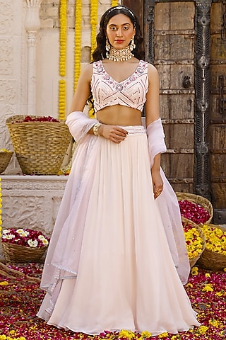 Light Peach Georgette Lehenga Set by Chhavvi Aggarwal