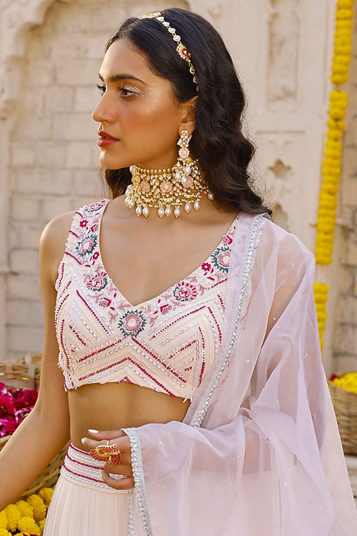 Light Peach Georgette Wedding Lehenga Set by Chhavvi Aggarwal at Pernia's Pop Up Shop