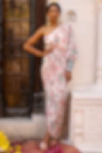 Light Peach Printed On-Shoulder Draped Dress by Chhavvi Aggarwal