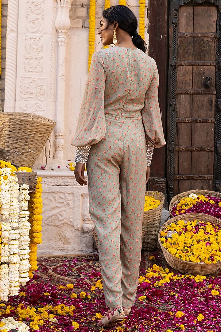 Sage Green Printed Jumpsuit by Chhavvi Aggarwal at Pernia's Pop Up Shop