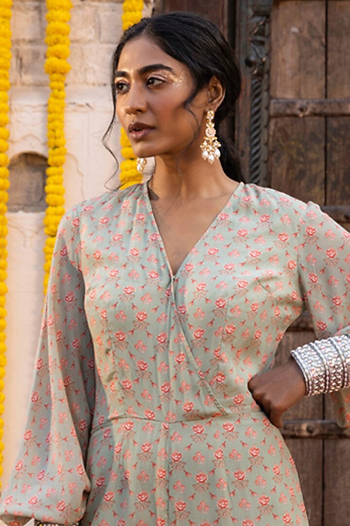 Sage Green Printed Jumpsuit by Chhavvi Aggarwal at Pernia's Pop Up Shop