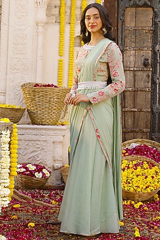 Sage Green Organza Palazzo Pant Set by Chhavvi Aggarwal