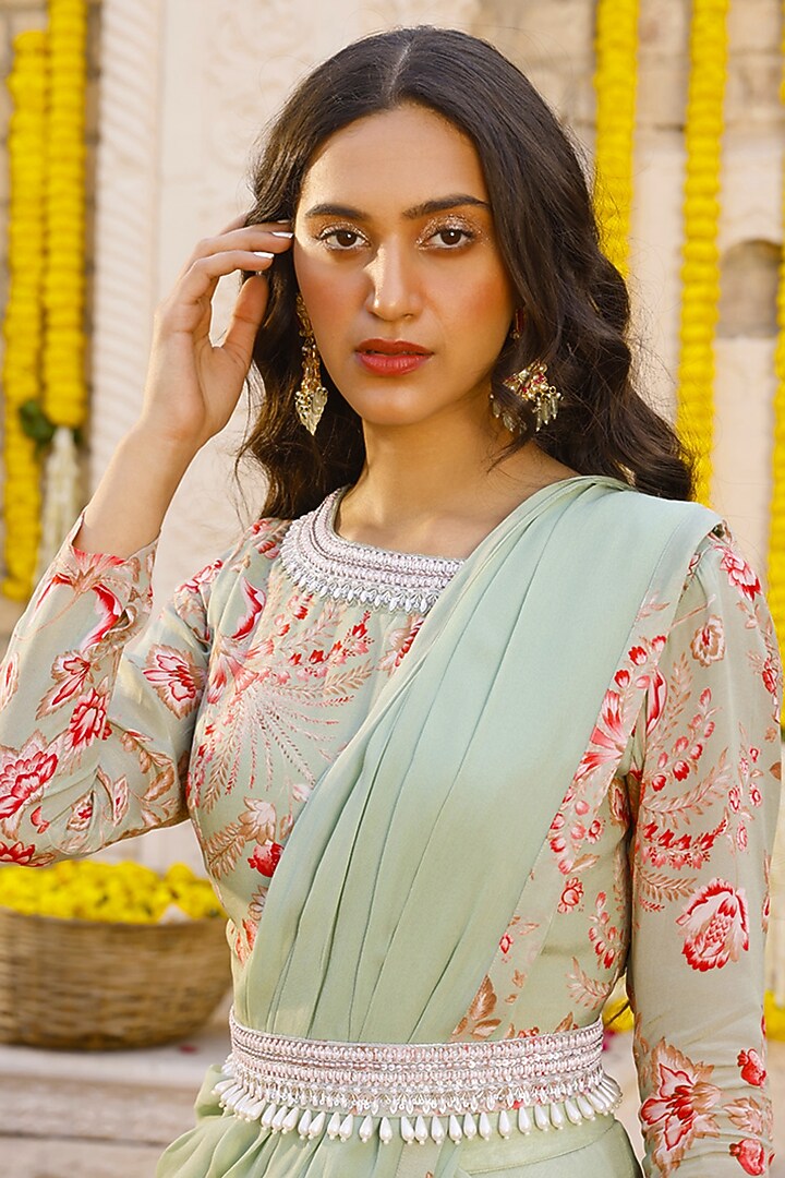 Sage Green Organza Palazzo Pant Set by Chhavvi Aggarwal at Pernia's Pop Up Shop